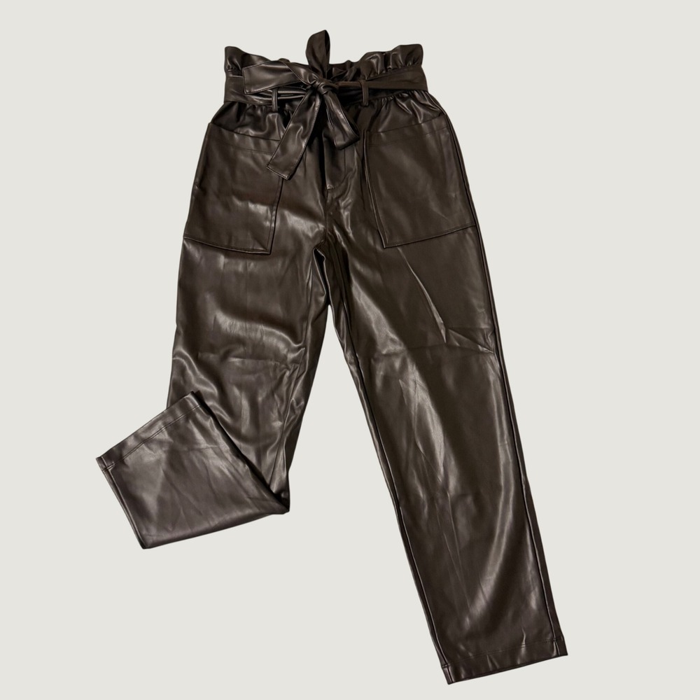 Who What Wear Womens Black Faux Leather Paperbag Waist Pants Size 2 Straight Leg